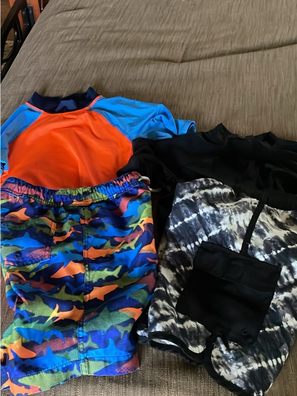 Lands' End Orange and Blue Kids Swim Set with Shark-Print Trunks